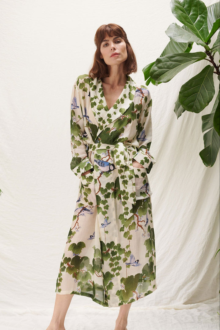 ladies dressing gown in acer green print by one hundred stars