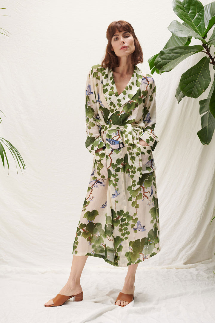 ladies dressing gown in acer green print by one hundred stars
