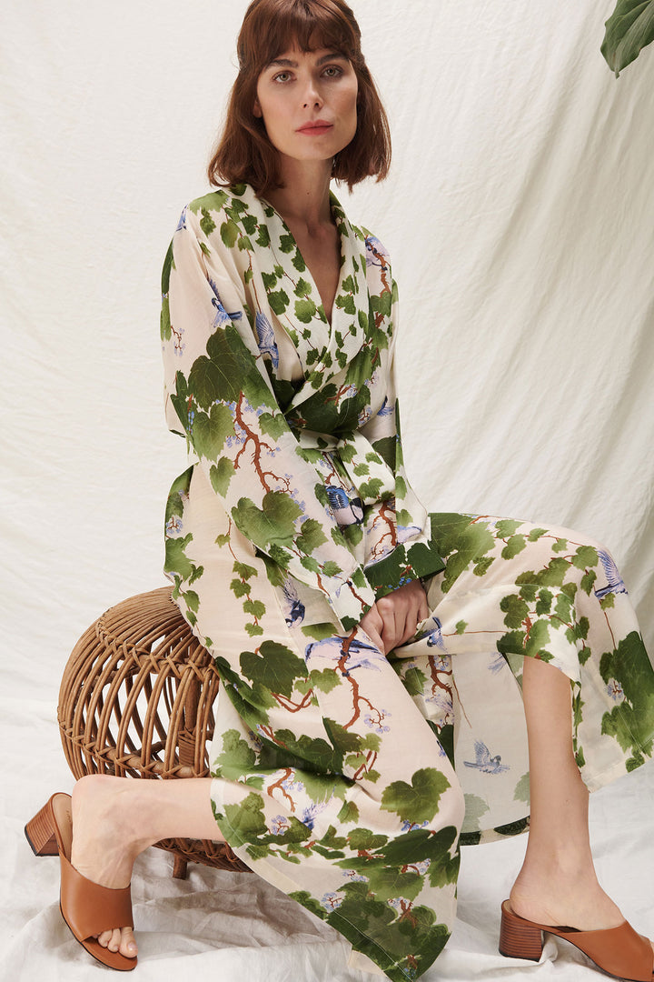 ladies dressing gown in acer green print by one hundred stars