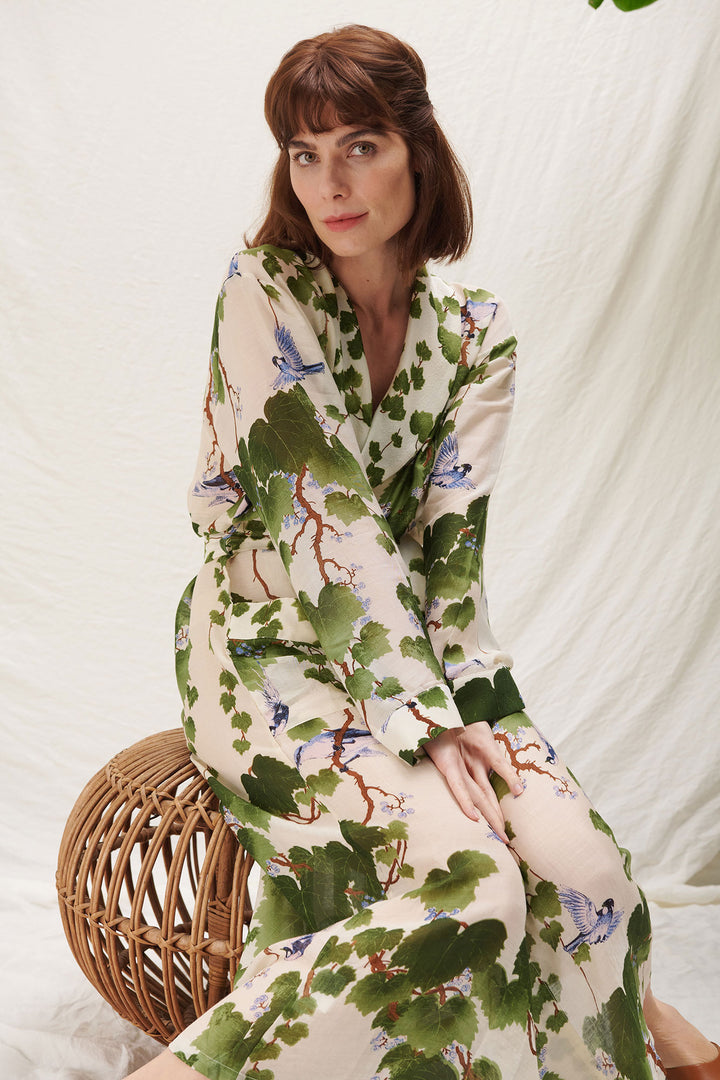 ladies dressing gown in acer green print by one hundred stars
