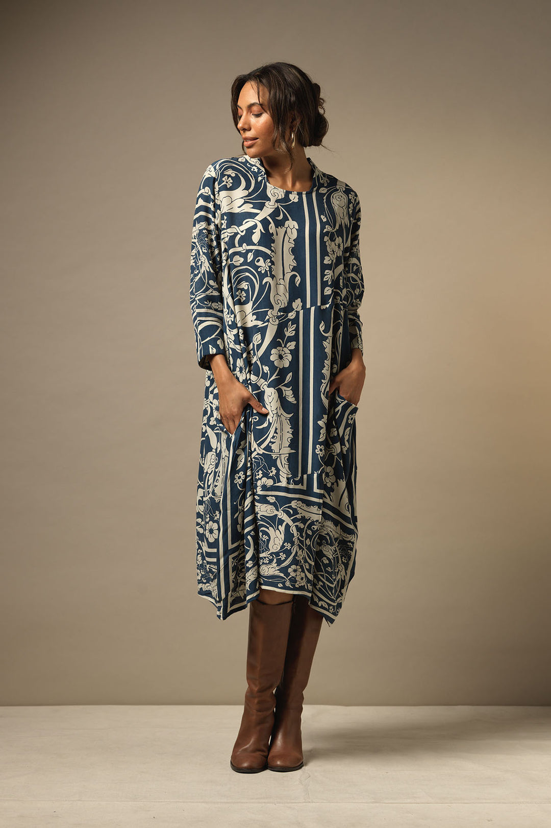 Asymmetric ladies dress with pockets Party in Jaipur blue and cream print by One Hundred Stars