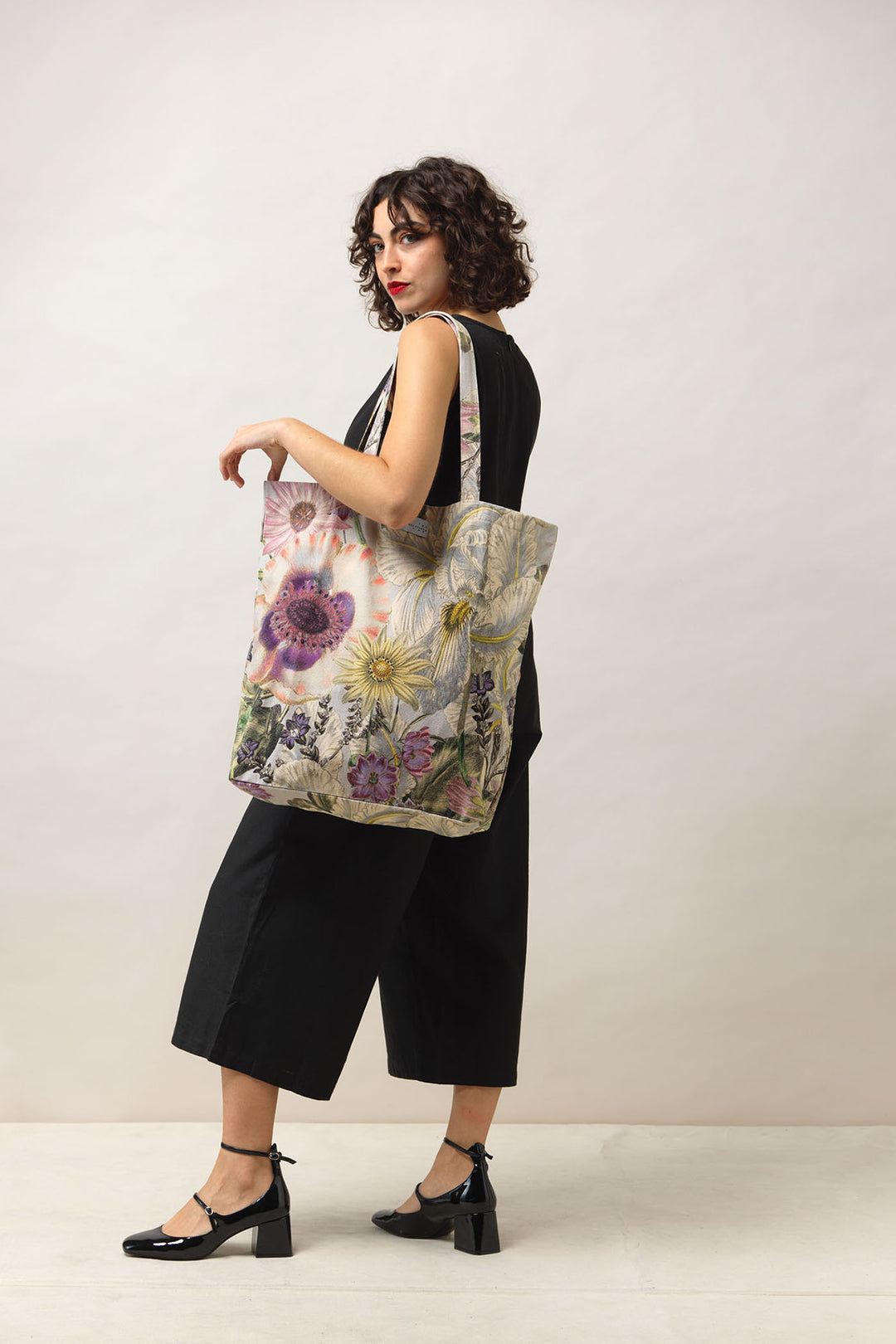 Women's accessories, gifts for her. Canvas tote bag, reusable and sustainable shopping bag or beach bag. floral daisy print in stone by One Hundred Stars