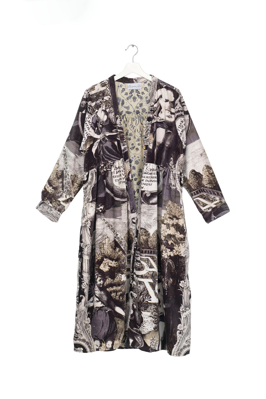ladies velvet jacket duster coloured in tones of black, grey and subtle green print by One Hundred Stars
