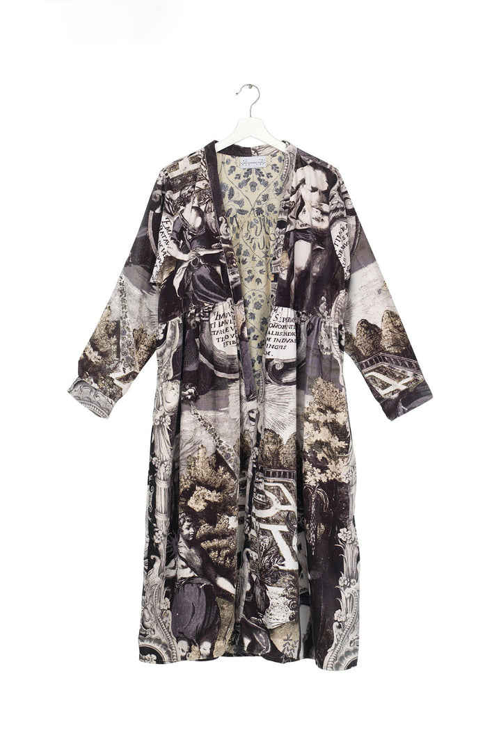 ladies velvet jacket duster coloured in tones of black, grey and subtle green print by One Hundred Stars
