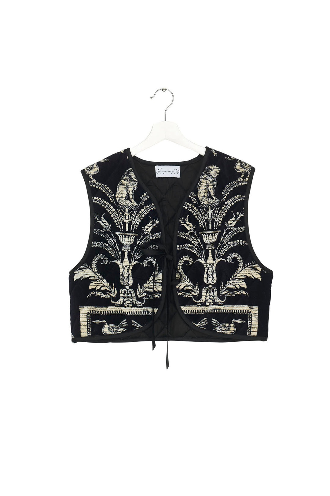ladies velvet gilet in black and white vintage damask print by One Hundred Stars