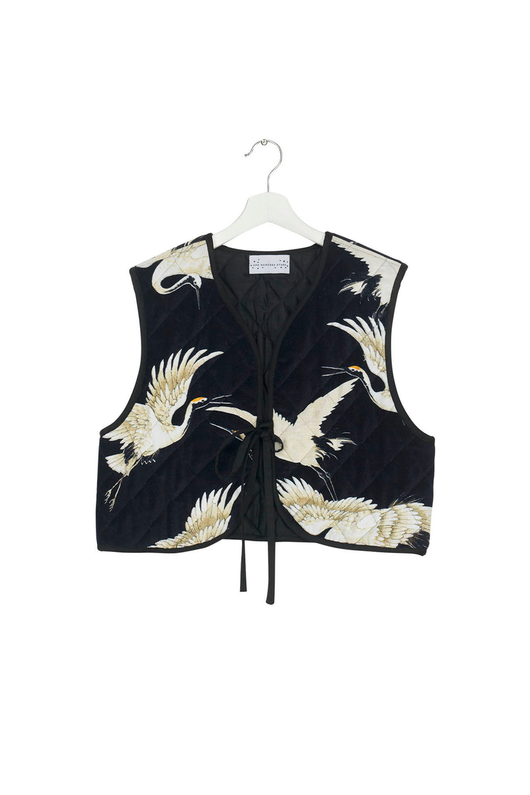 ladies winter gilet velvet black background with stork bird print by One Hundred Stars