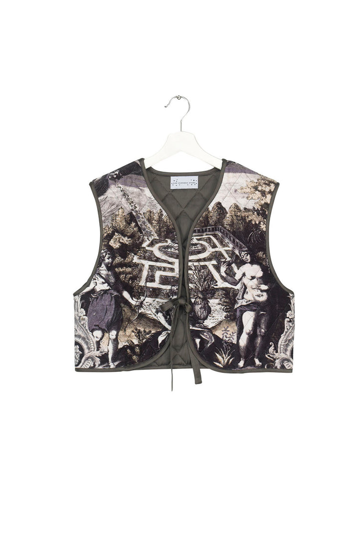 velvet ladies gilet coloured in tones of black, grey and subtle green print by One Hundred Stars