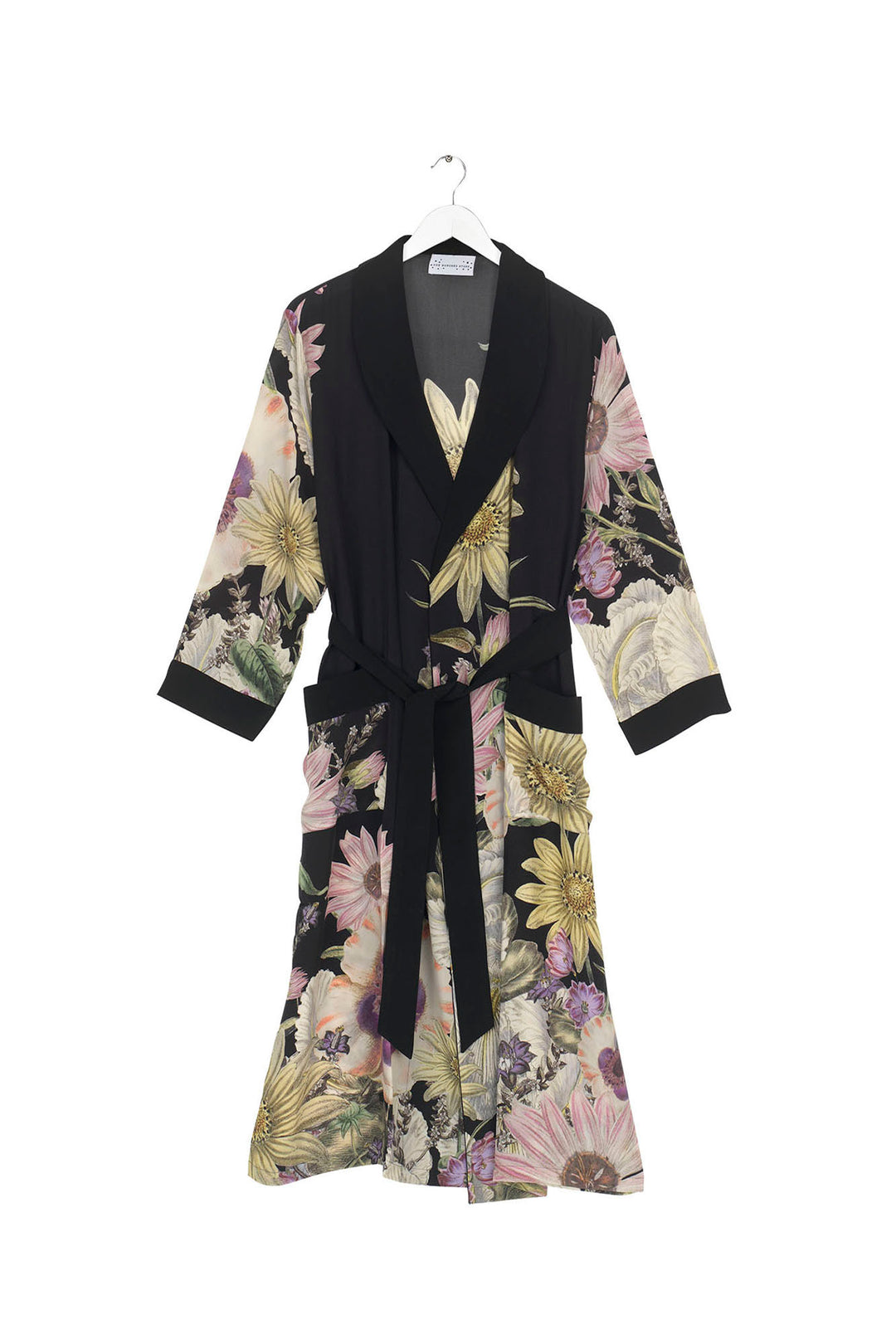 ladies crepe dressing gown with a floral daisy print on a black background by One Hundred Stars