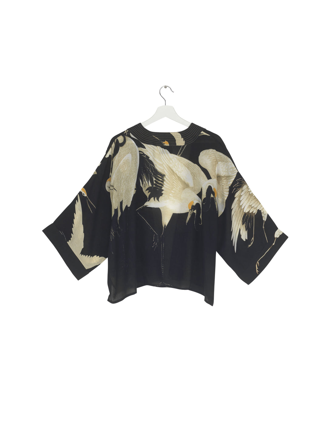 short crepe kimono ladies black background with stork bird print by One Hundred Stars