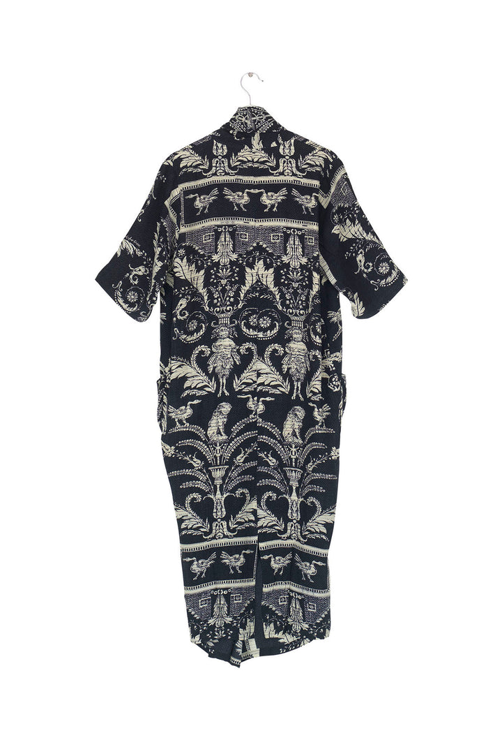 ladies midi length cowl neck rachel dress in black and white vintage damask print by One Hundred Stars
