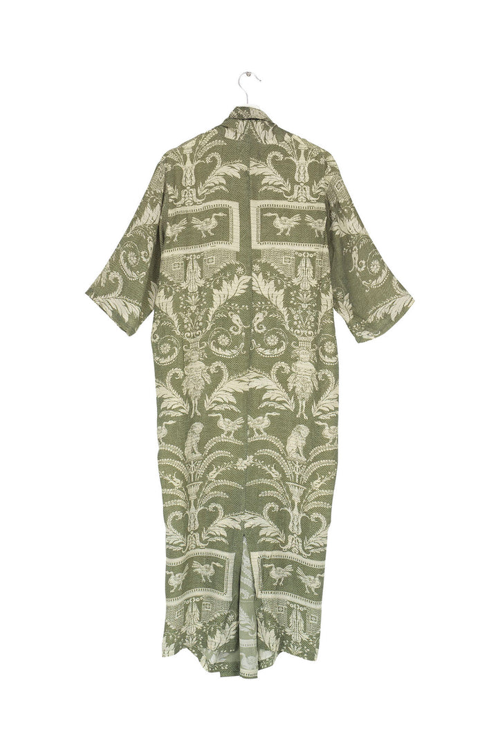 ladies midi length cowl neck rachel dress in sage green vintage damask print by One Hundred Stars
