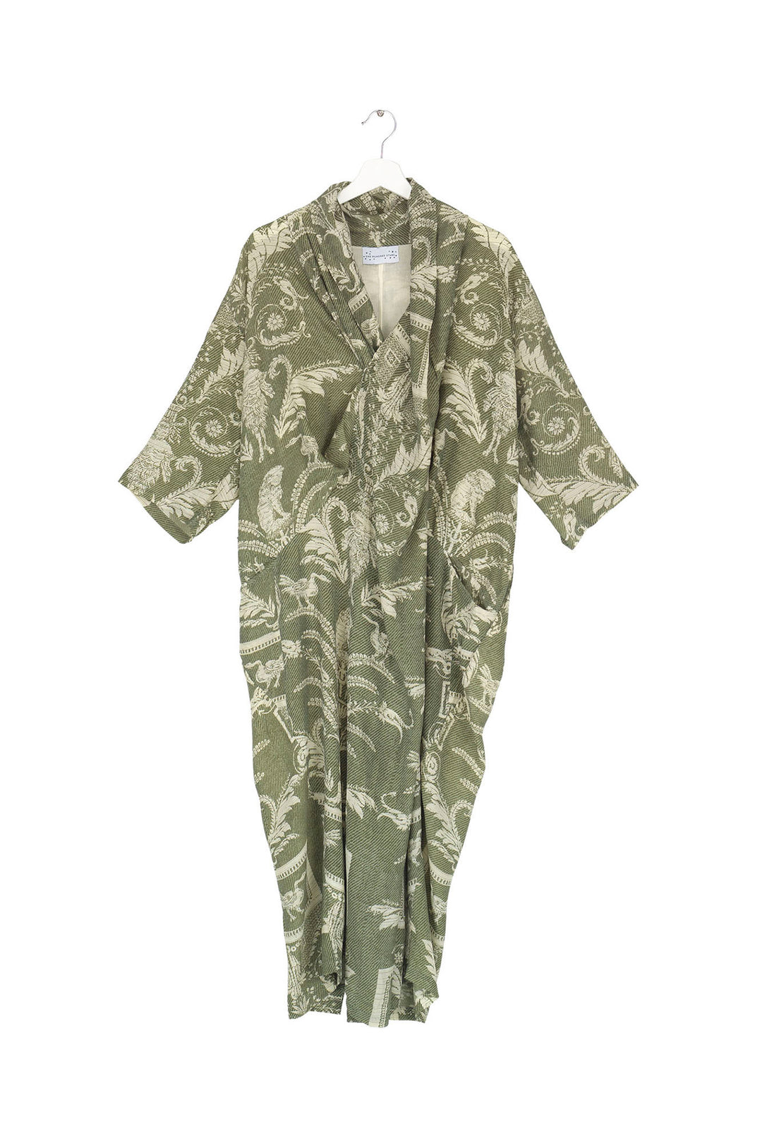 ladies cowl neck short sleeve midi length rachel dress in sage green vintage damask print by One Hundred Stars