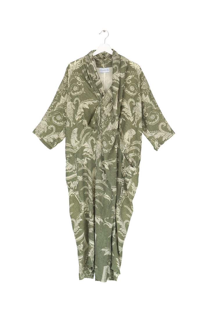 ladies cowl neck short sleeve midi length rachel dress in sage green vintage damask print by One Hundred Stars
