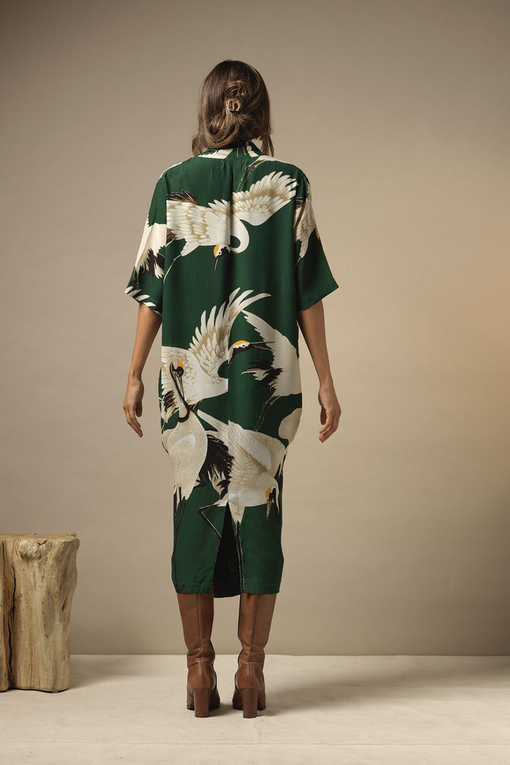midi ladies dress cowl neck green background with stork bird print by One Hundred Stars