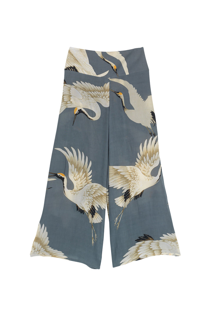 Women's palazzo trouser pants in slate grey and white stork print by One Hundred Stars
