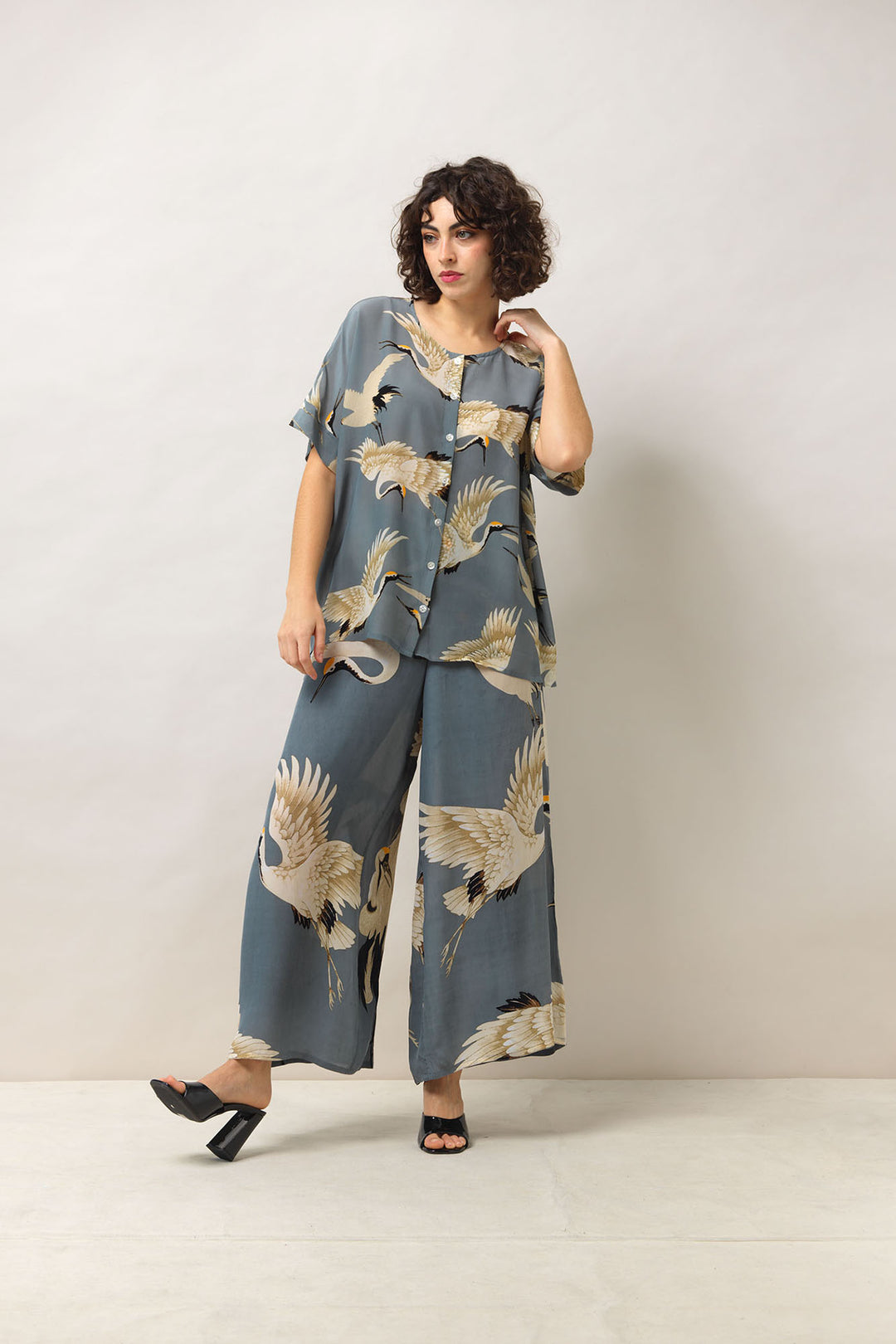 Women's palazzo trouser pants in slate grey and white stork print by One Hundred Stars