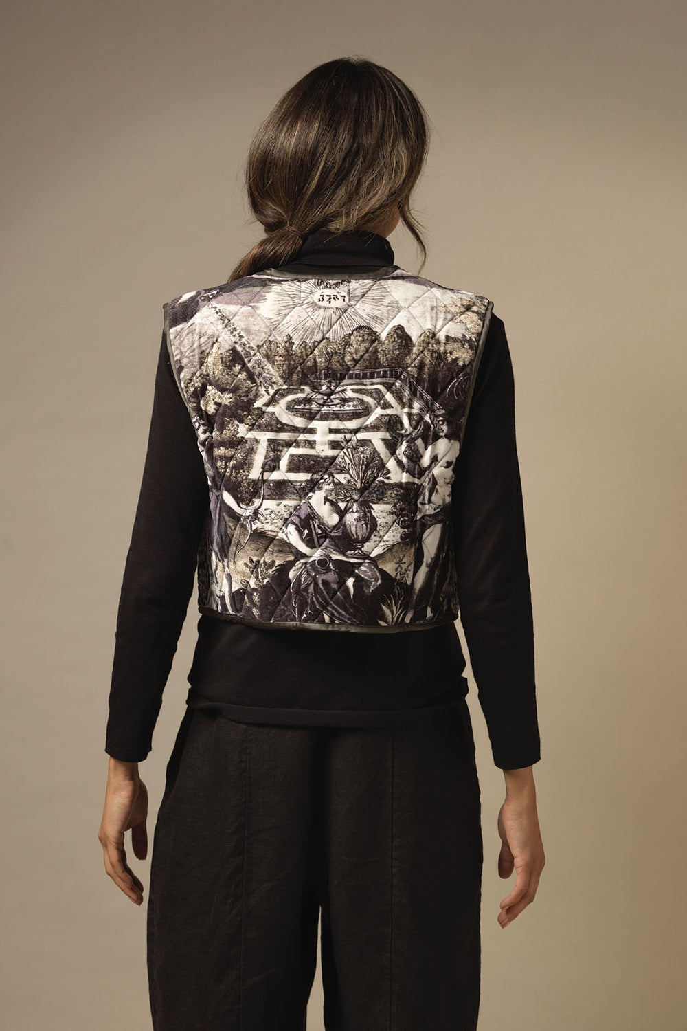 ladies cropped velvet gilet coloured in tones of black, grey and subtle green print by One Hundred Stars