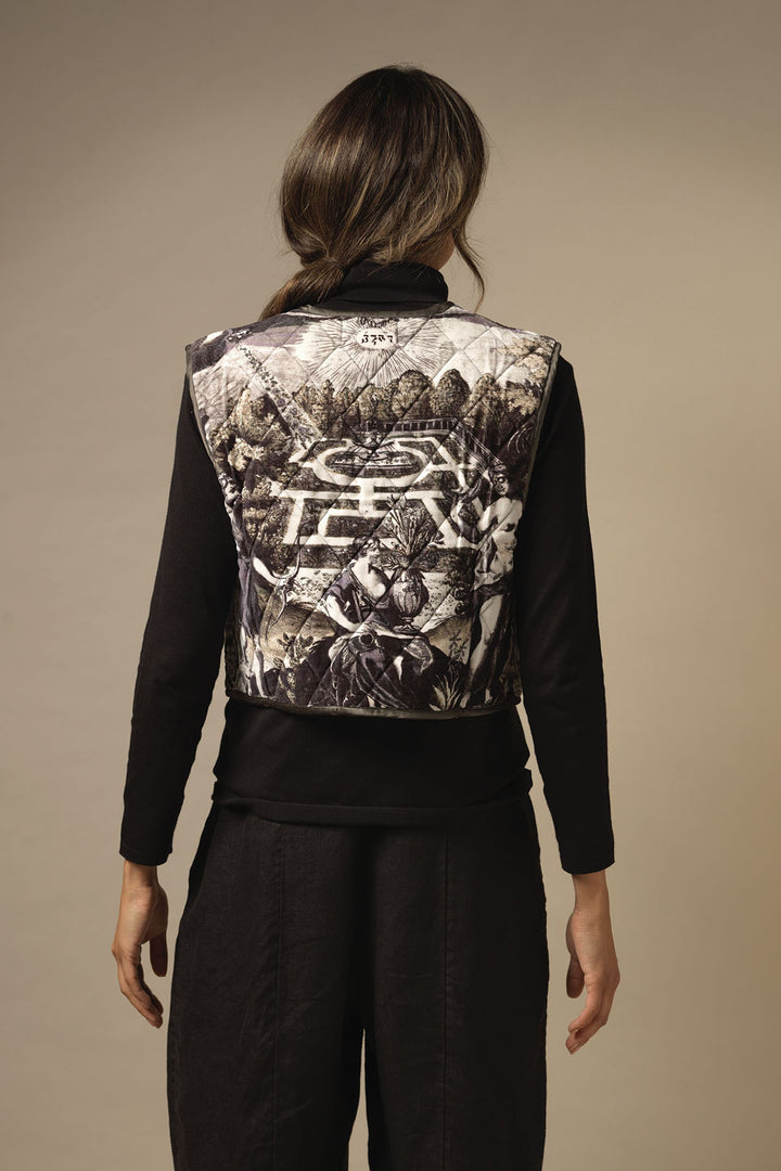 ladies cropped velvet gilet coloured in tones of black, grey and subtle green print by One Hundred Stars