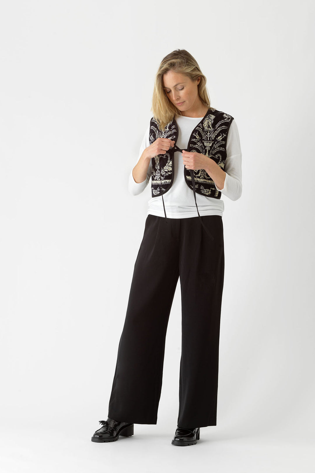 ladies short velvet luxury gilet in black and white vintage damask print by One Hundred Stars