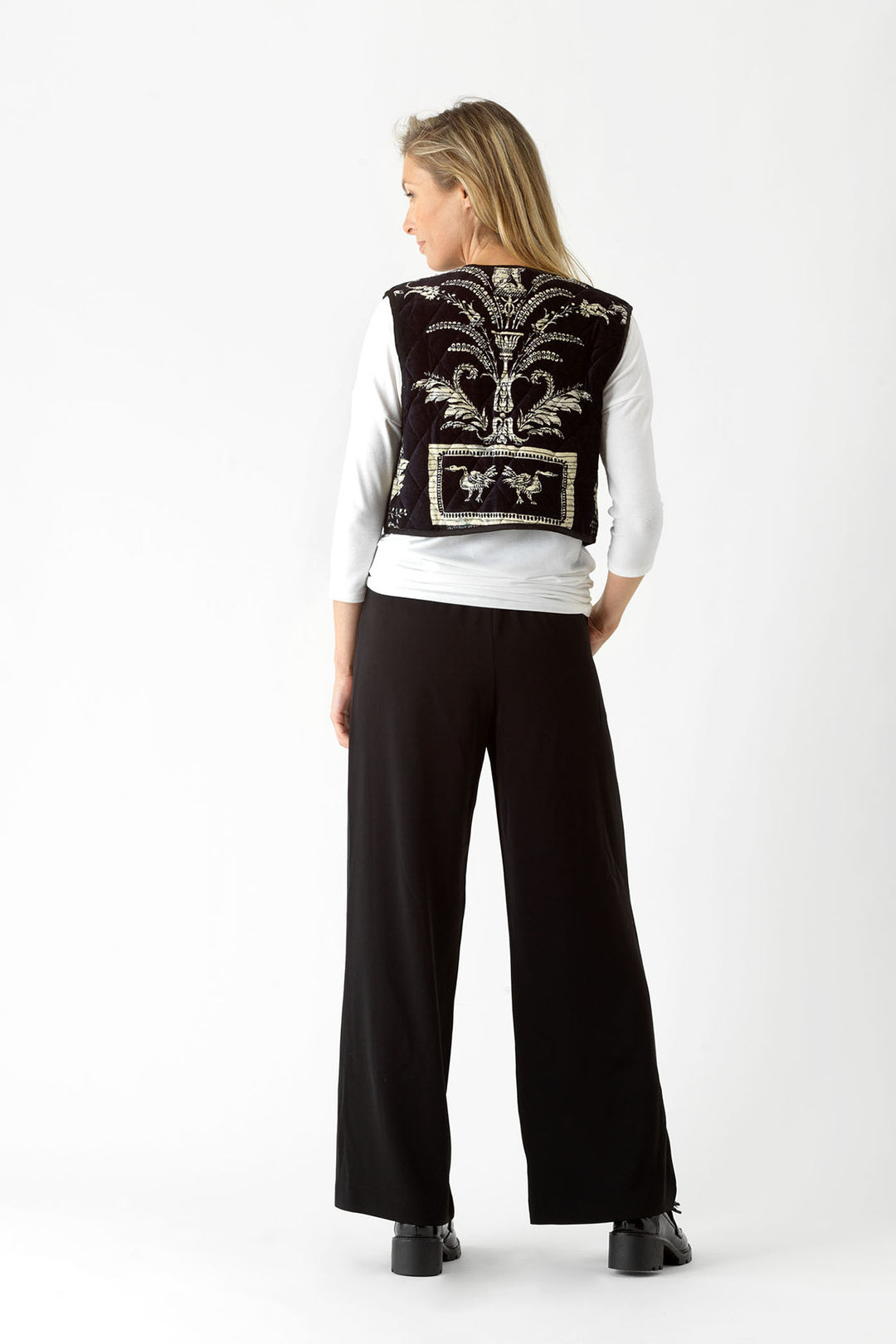 ladies tie front velvet gilet in black and white vintage damask print by One Hundred Stars