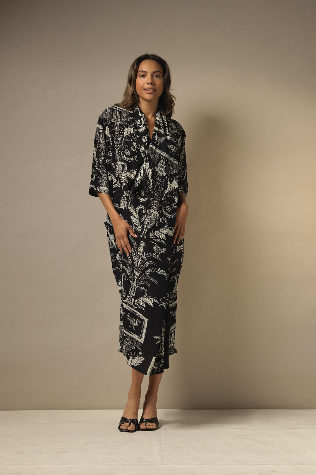 ladies midi Party Pockets cowl neck dress in black and white vintage damask print by One Hundred Stars