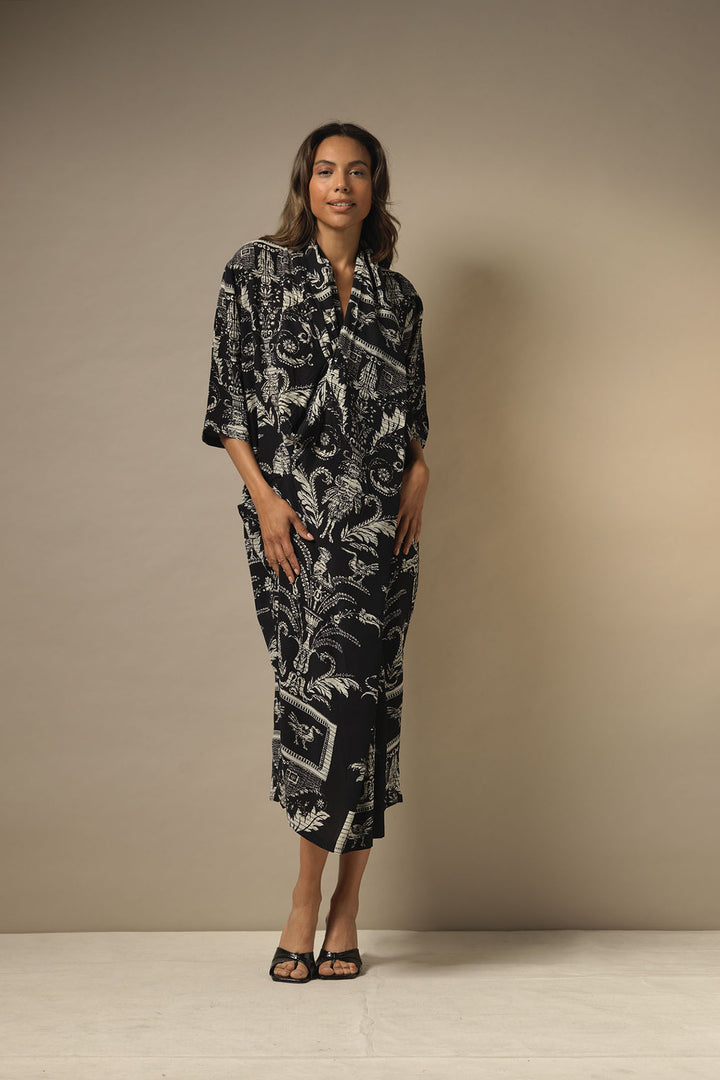 ladies midi Party Pockets cowl neck dress in black and white vintage damask print by One Hundred Stars