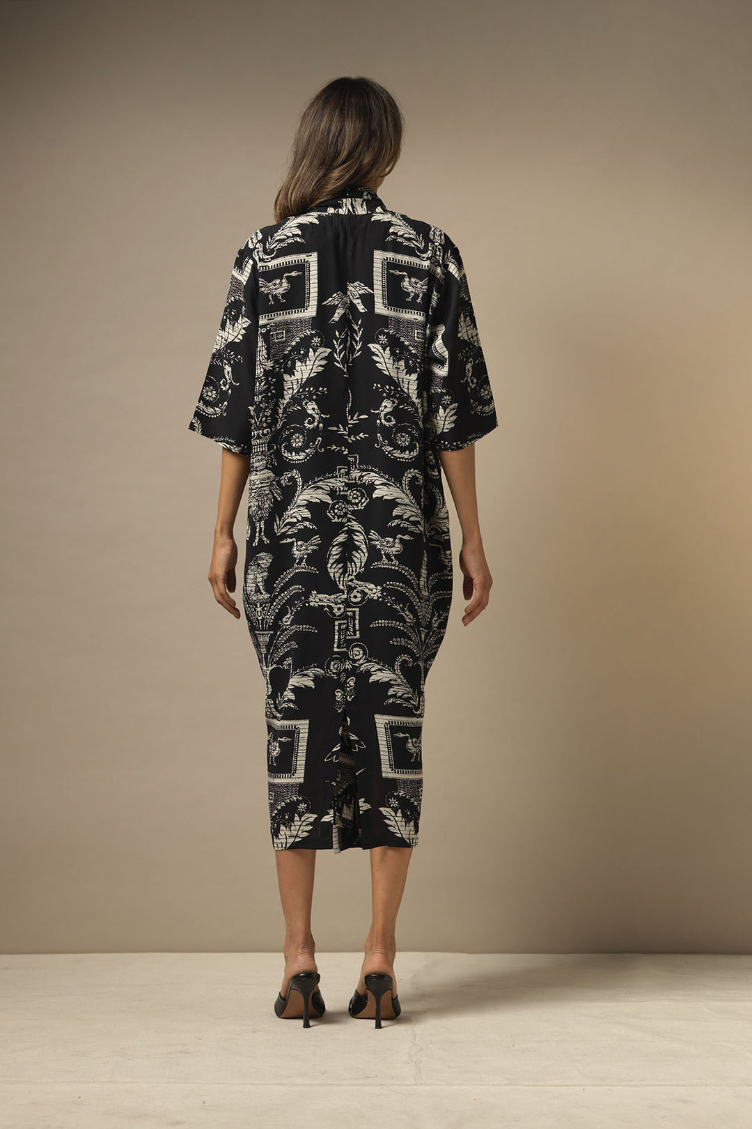 ladies long length short sleeve cowl neck dress in black and white vintage damask print by One Hundred Stars