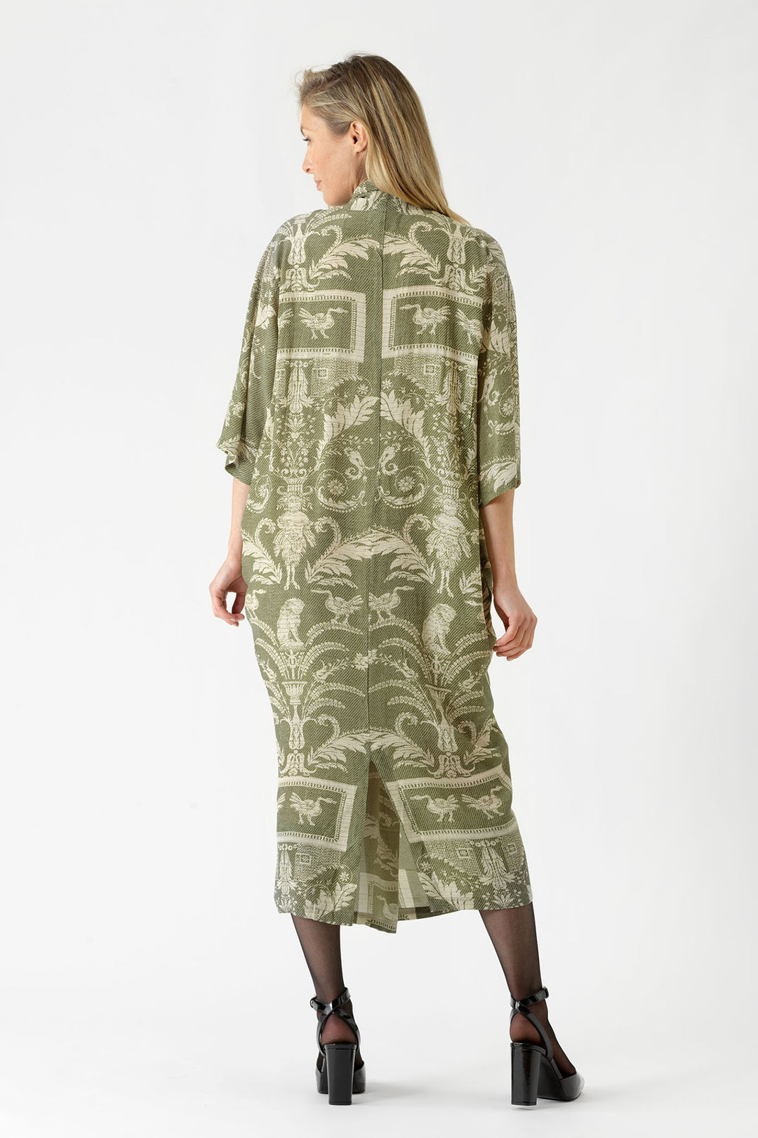 ladies pockets cowl neck rachel dress in sage green vintage damask print by One Hundred Stars