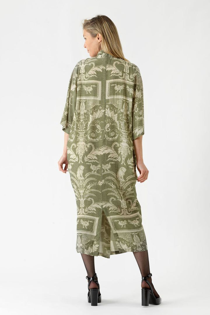 ladies pockets cowl neck rachel dress in sage green vintage damask print by One Hundred Stars