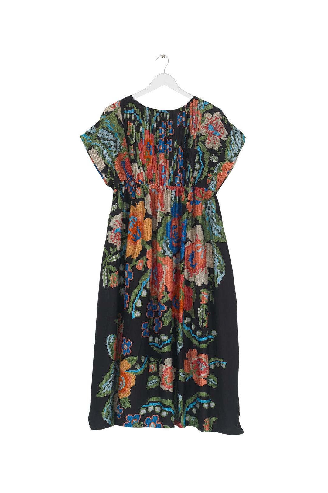 womens pleated midi dress in woven flower black print by one hundred stars