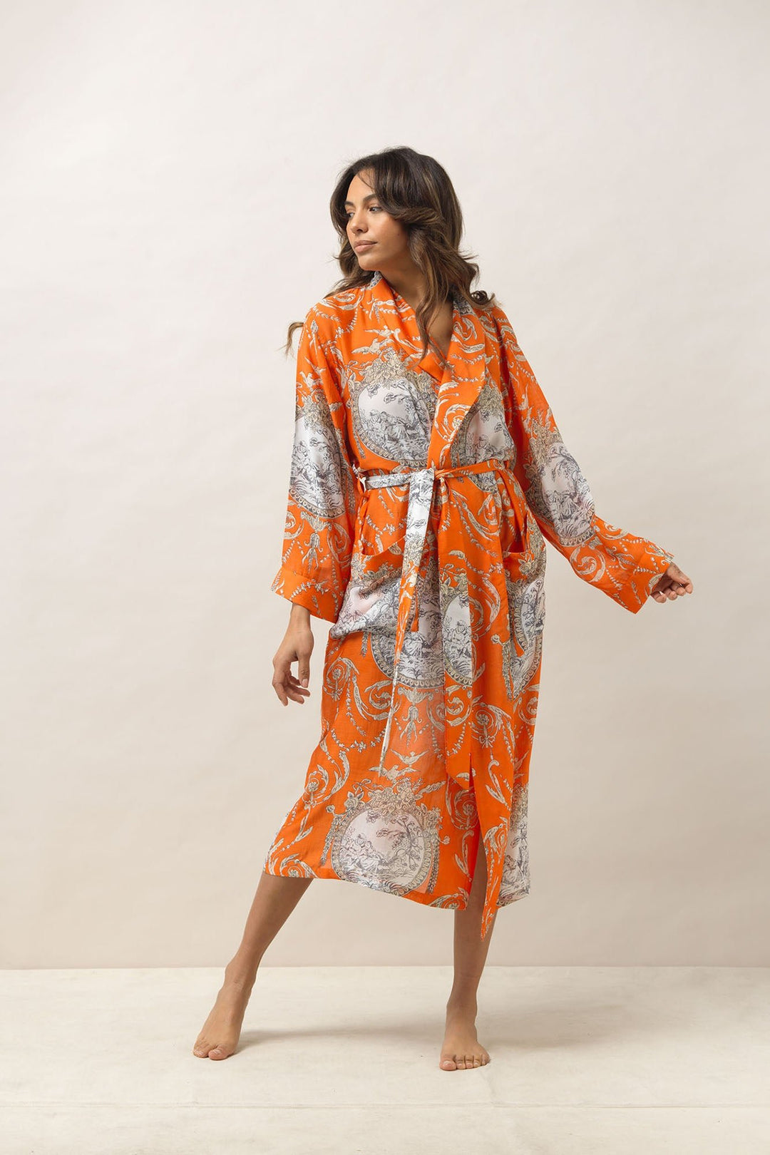 Women's lightweight loungewear gown in orange with a valentine print by One Hundred Stars