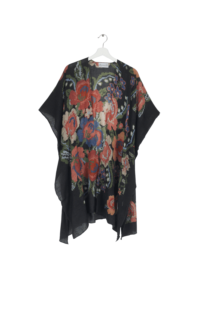 Woven Flower Black Wool Throwover - One Hundred Stars