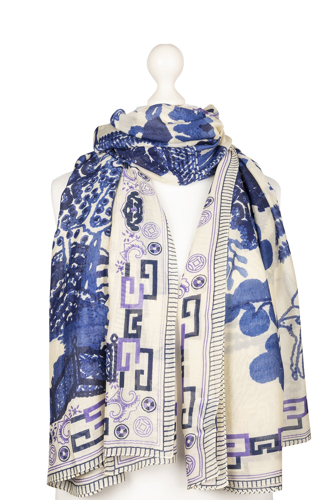 One Hundred Stars Giant Willow is a vintage inspired blue and white willow pattern, similar prints can be found used in pottery this long scarf is 1m x 2x in length and perfect for layering in the winter or as a shawl in summer