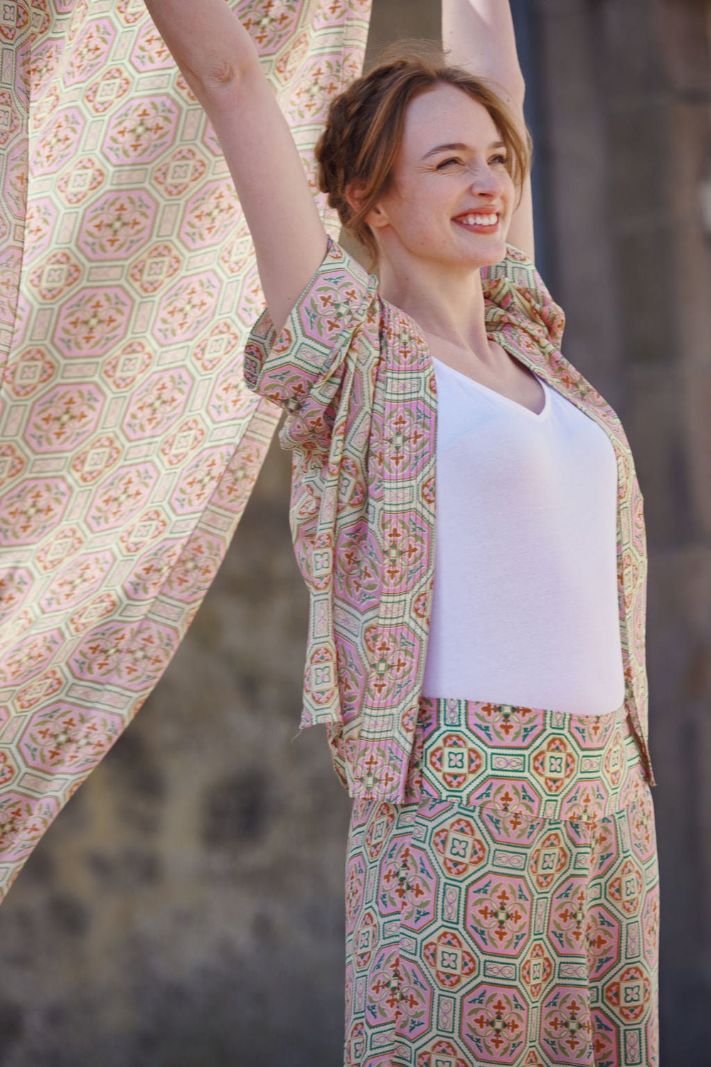 Women's short kimono in vintage tiles pink print by One Hundred Stars