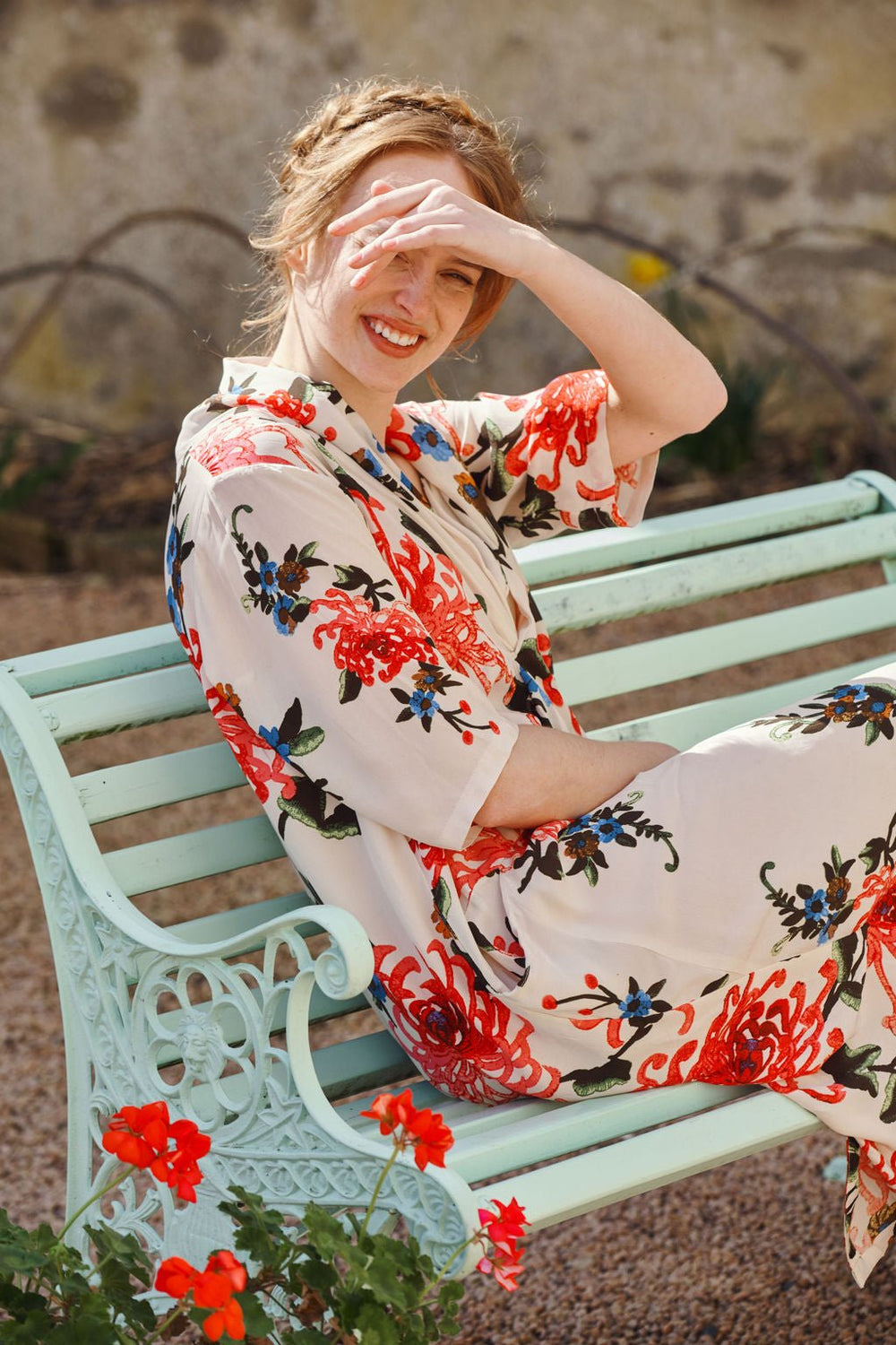 Women's long cowl neck dress with short sleeves in ecru. Chrysanthemum print by One Hundred Stars
