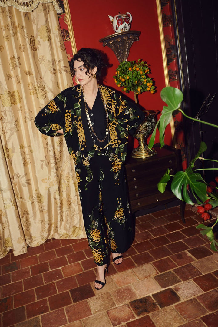 Chrysanthemum Black Crepe Kimono - One Hundred Stars