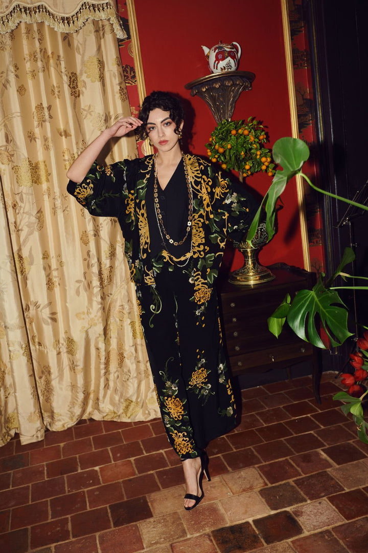 Chrysanthemum Black Crepe Kimono - One Hundred Stars