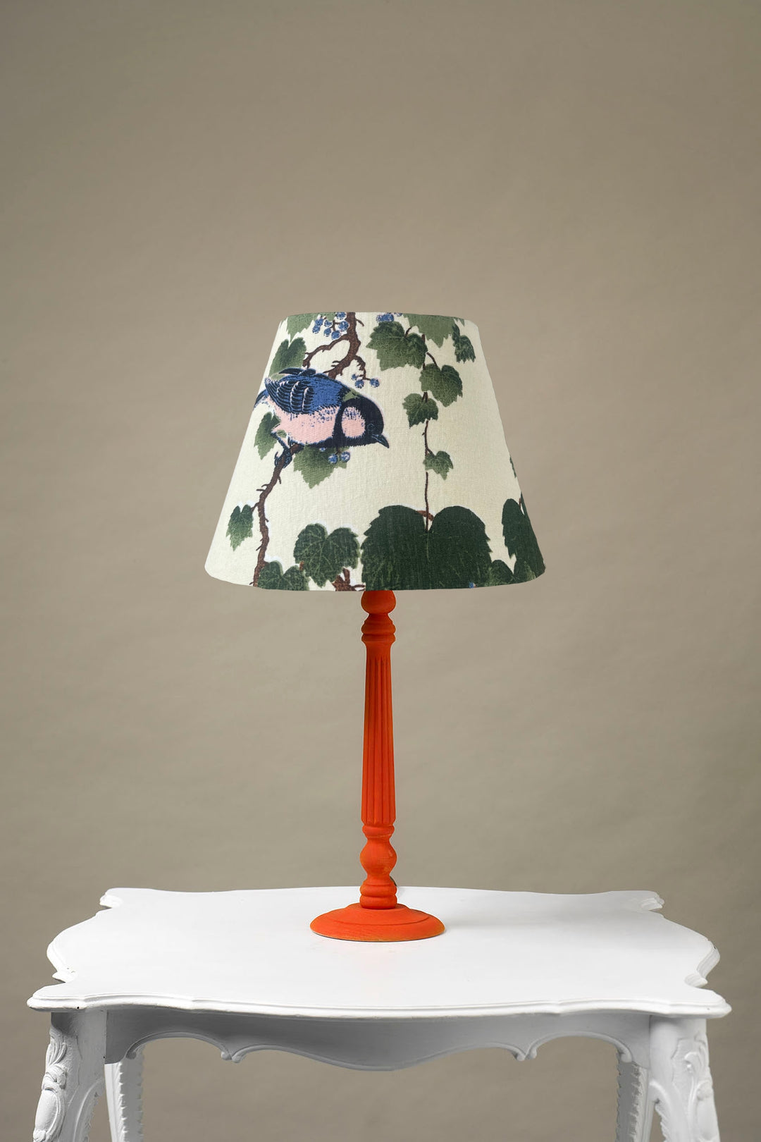 Large handmade lampshade for autumn winter with green maple leaf pattern on a cream background by One Hundred Stars