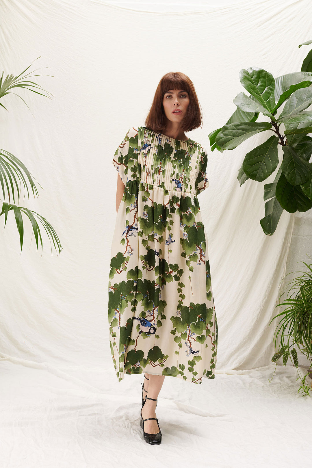 printed smock dress green and cream by one hundred stars