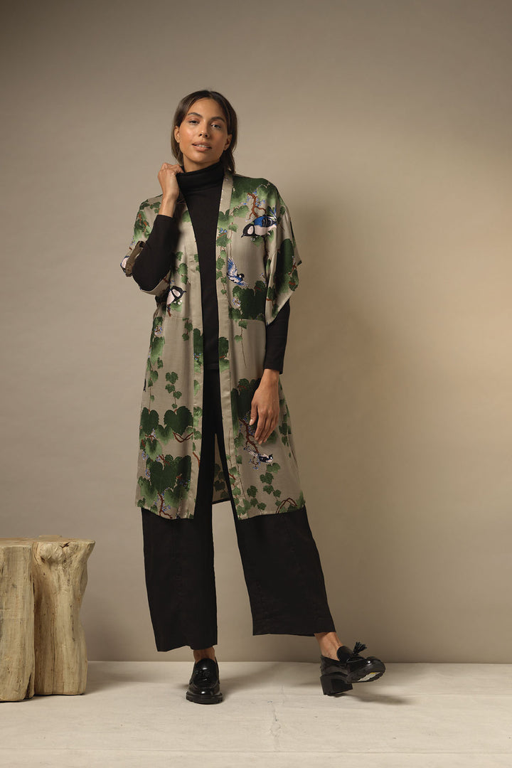 Midi satin ladies kimono with green maple leaf pattern on a stone background by One Hundred Stars