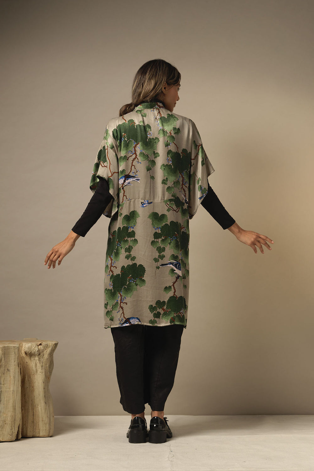 short sleeve midi length ladies kimono winter autumn with green maple leaf pattern on a stone background by One Hundred Stars