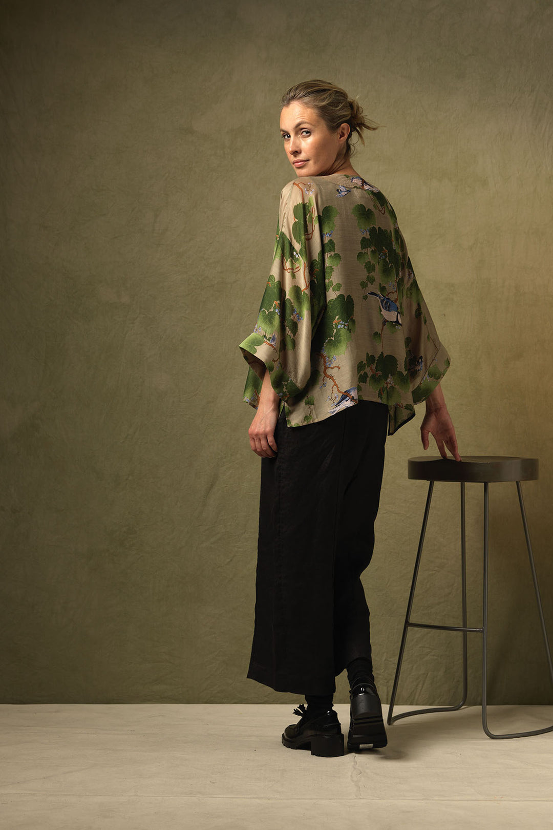 Short length lightweight ladies kimono with green maple leaf pattern on a stone background by One Hundred Stars