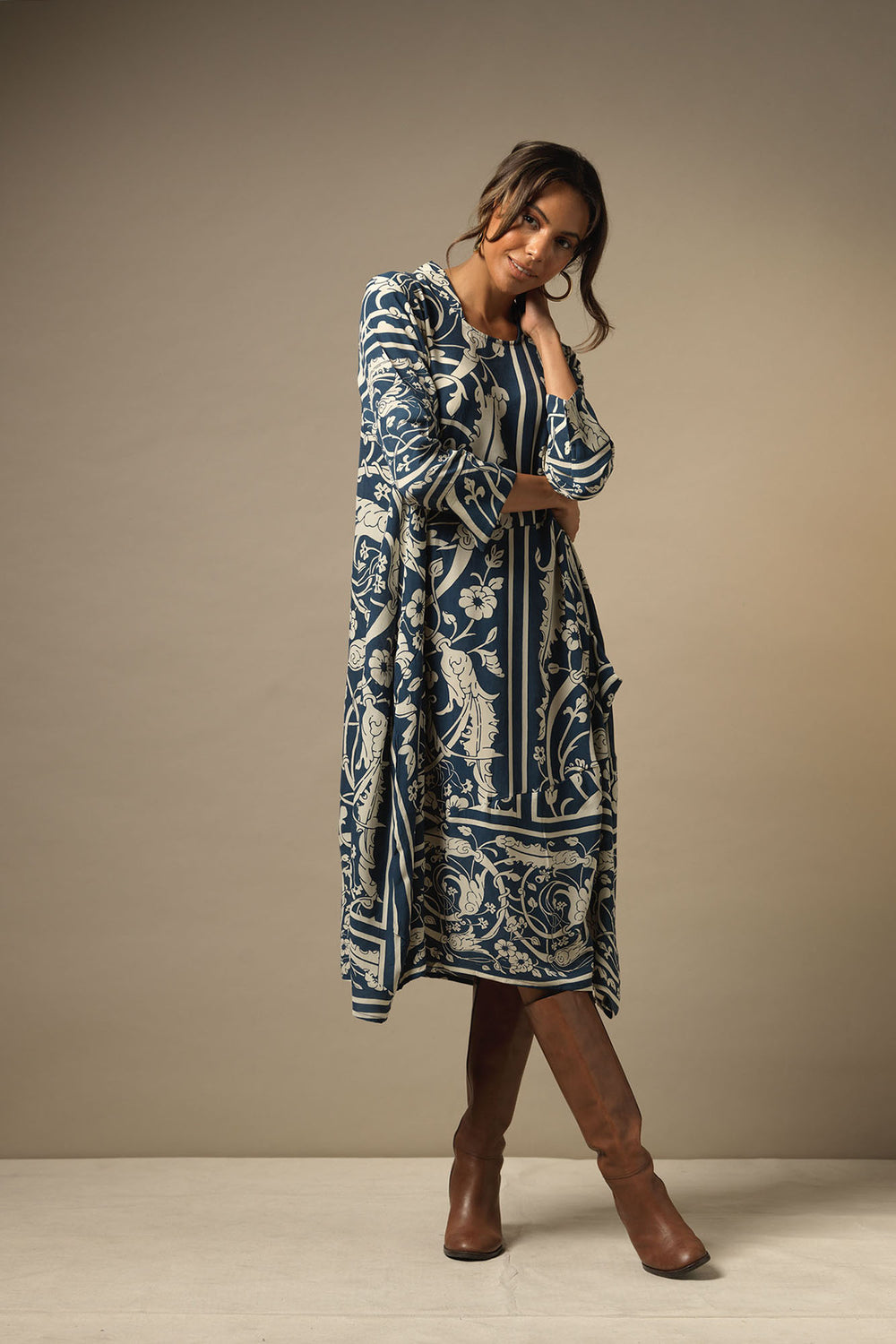 long sleeve ladies asymmetric dress in Jaipur blue and cream print by One Hundred Stars