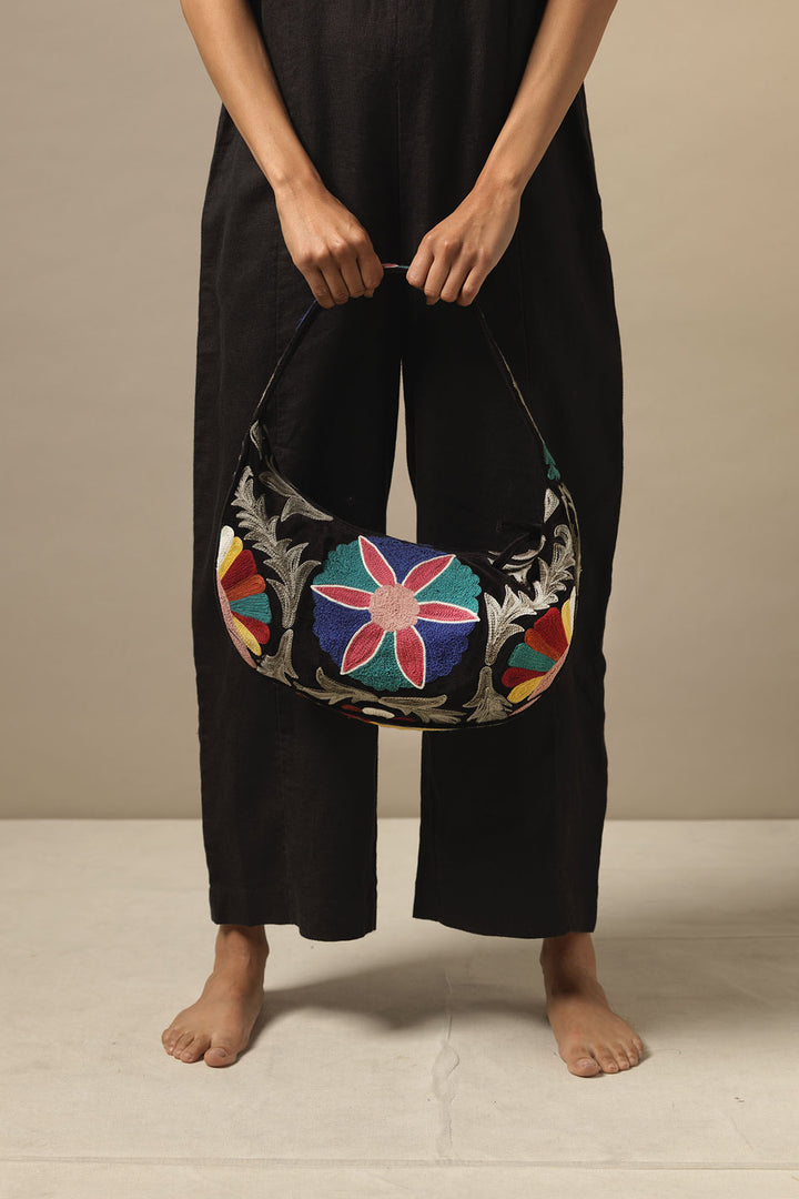black ladies baguette shoulder hand bag embroidered by One Hundred Stars