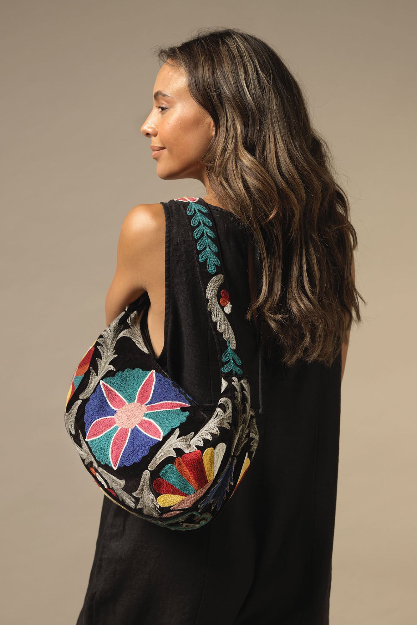 Embroidered Black Velvet Baguette Bag One Hundred Stars