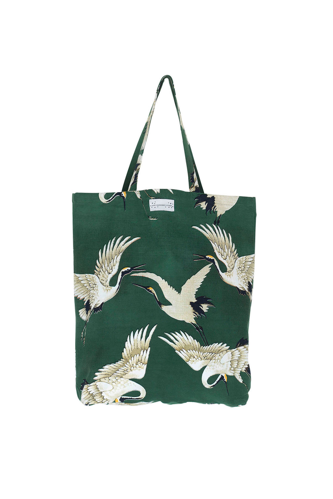 ladies canvas tote bag green background with stork bird print by One Hundred Stars