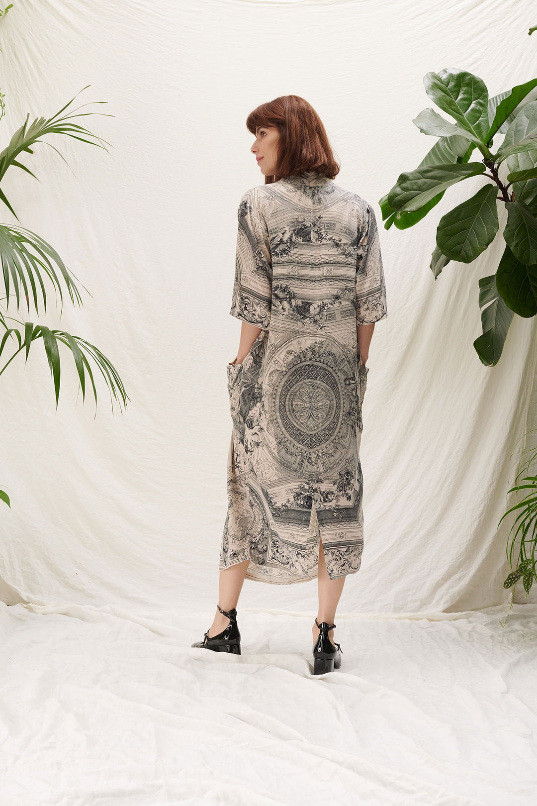 antique print dress in neutral colours by one hundred stars