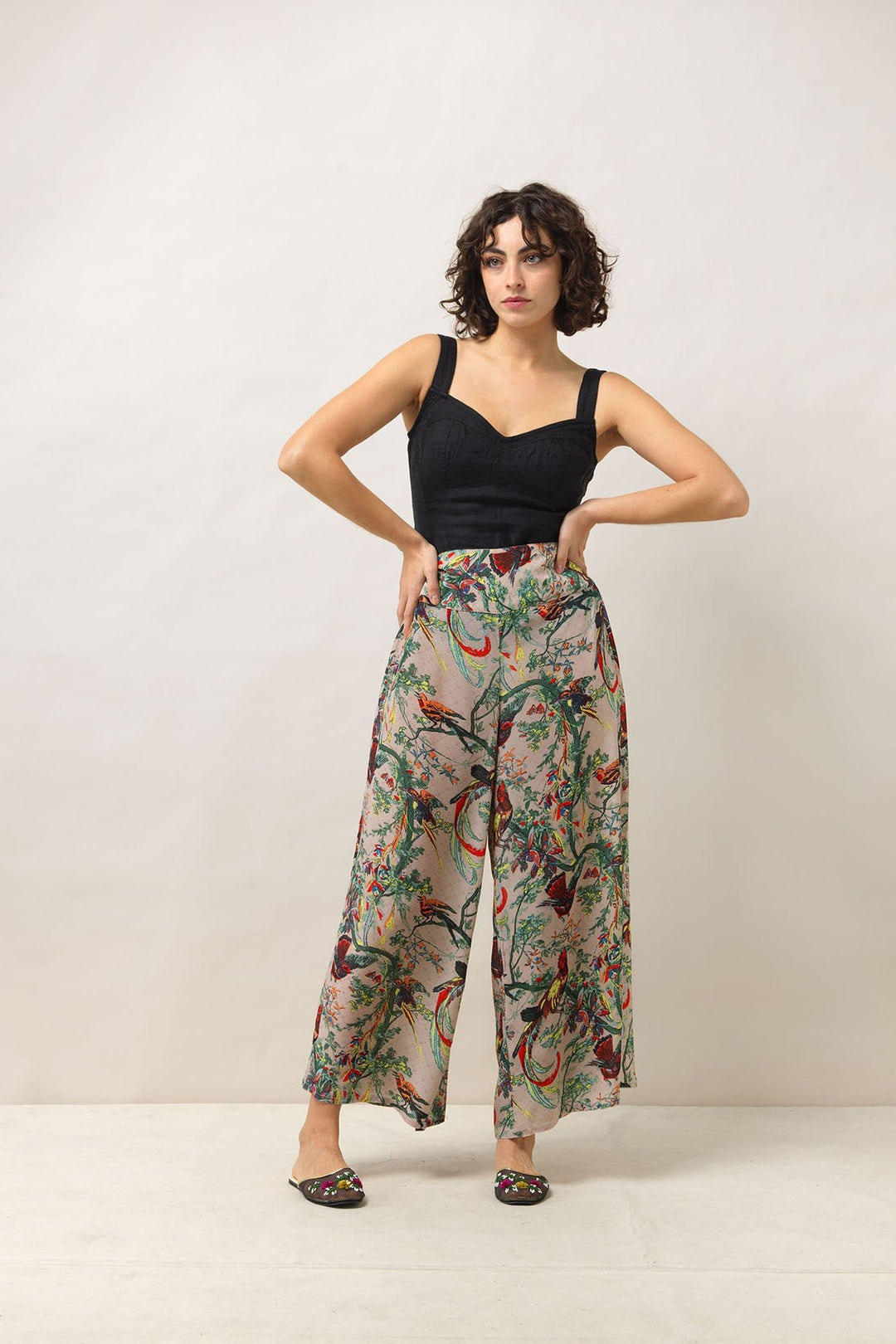 Chinoiserie Pink Crepe Palazzo Pants - One Hundred Stars