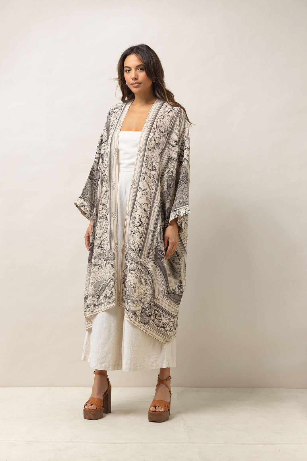 Women's long kimono style jacket in cherub print by One Hundred Stars