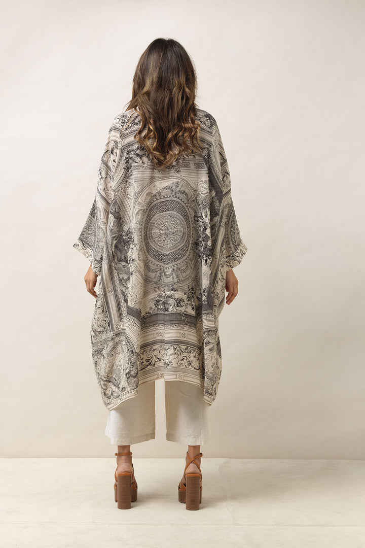 Women's long kimono style jacket in cherub print by One Hundred Stars